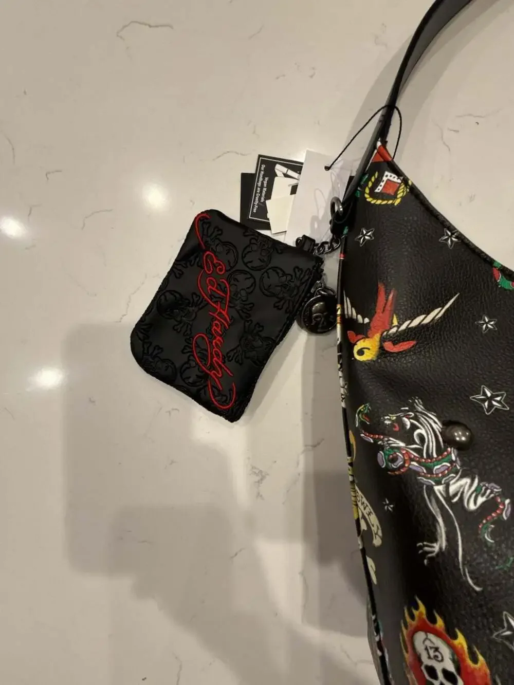 Ed Hardy Dalinda Black Studded Graphic Hobo Shoulder Bag with Pouch